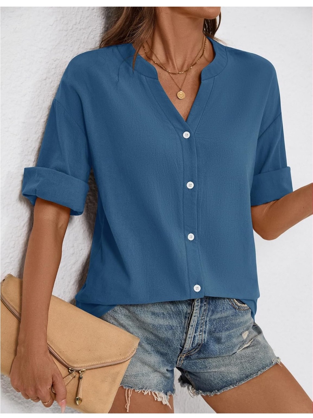 NWT Lomon Blue Women's Button-Front V-Neck Top (royal blue)